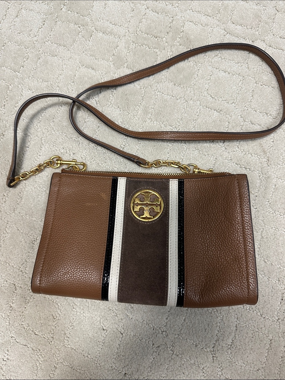 Tory Burch Carson Brown Leather Crossbody with Suede Stripe and Gold Logo